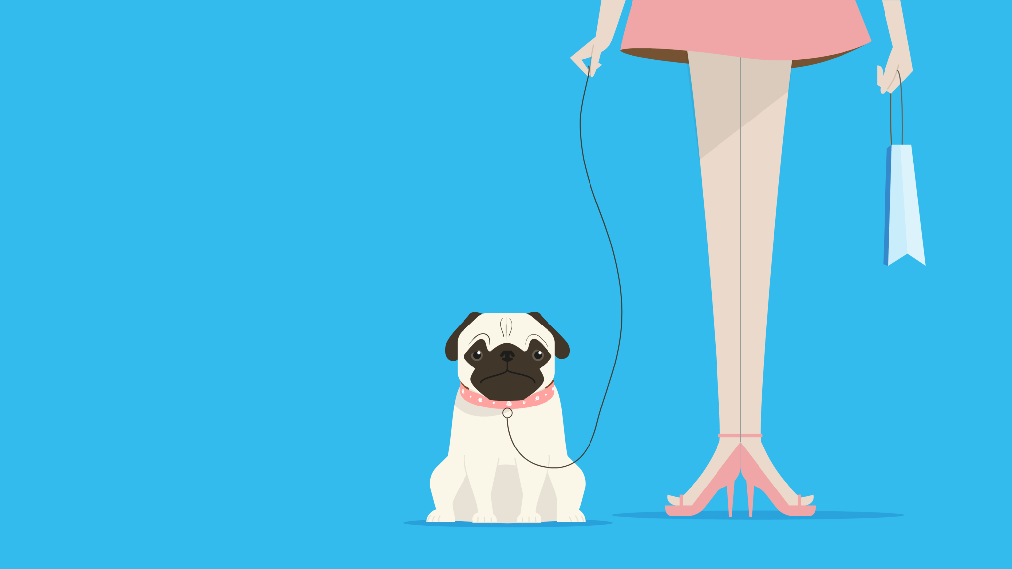 2D Illustration of a pug on a lead next to the legs of a smartly dressed woman