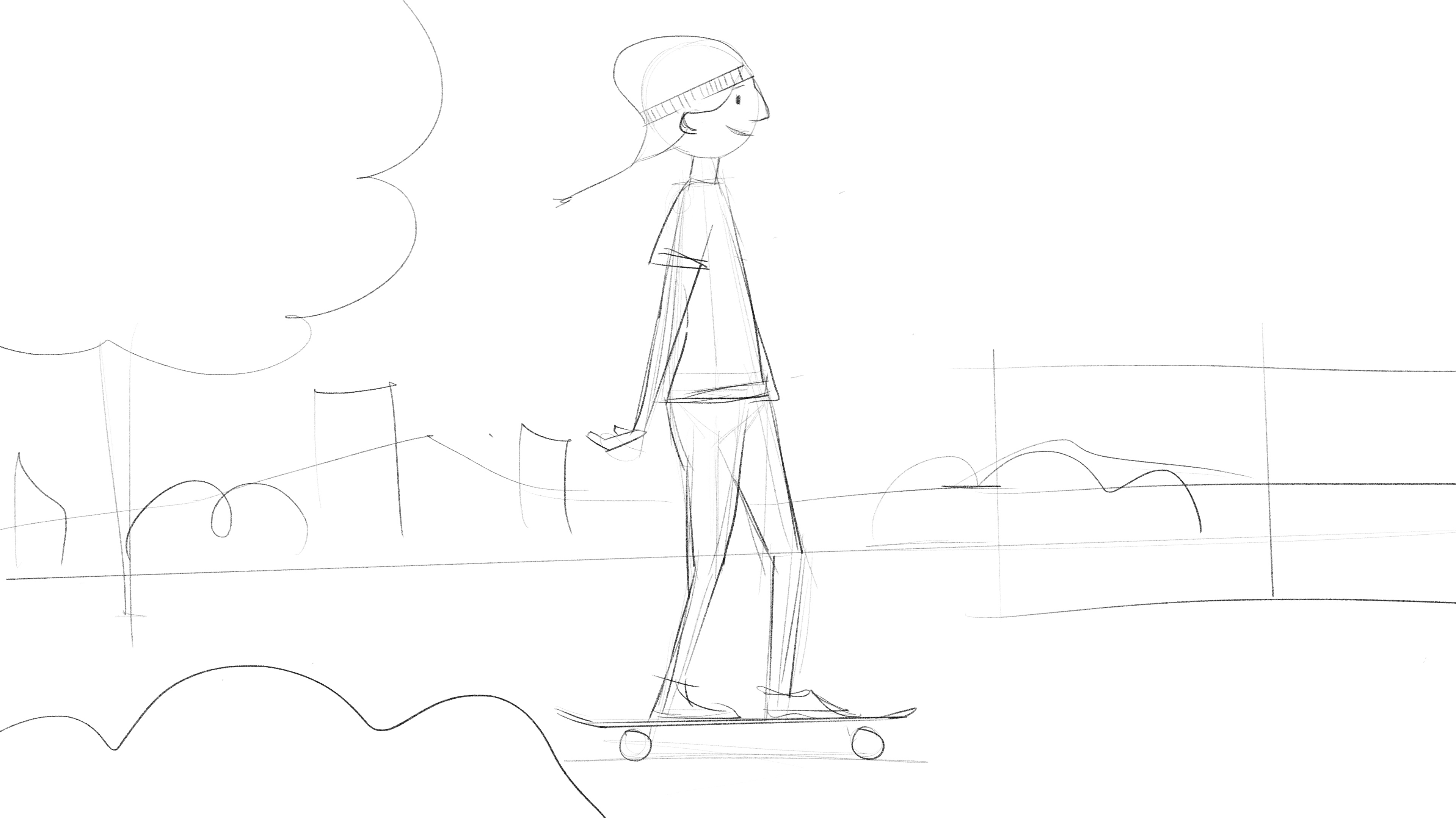 Pencil sketch from a storyboard of a girl on a skateboard